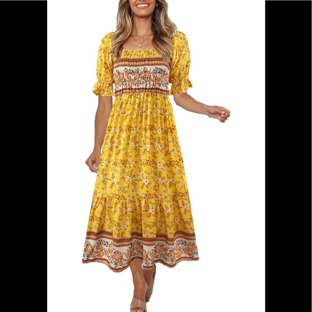 COPY - Boho Hippie Festival Floral Square Neck Maxi Dress Yellow Size Small